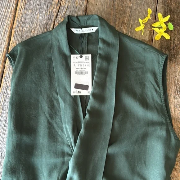 Zara Belted Midi Dress Bottle Green Size Large - Picture 5 of 13